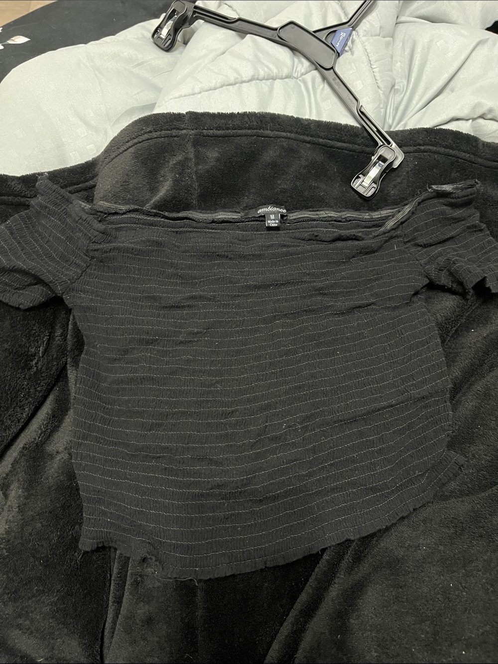 Ambiance Black Ribbed Off-Shoulder Crop Top